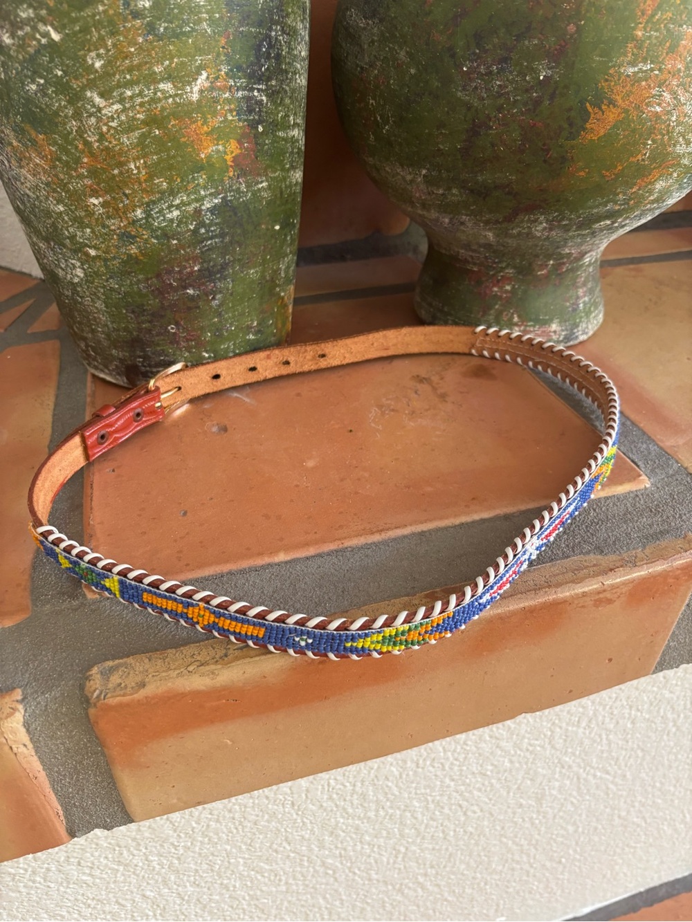 Vintage hand stitched, hand beaded, genuine cowhide skinny belt: southwestern